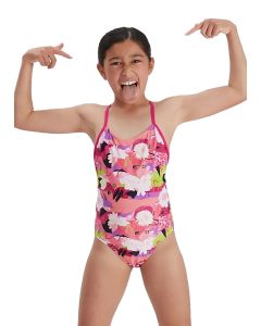 Speedo Girl's Punk Floral Lane Line Back Swimsuit - Pink/ White/ Black/ Lime