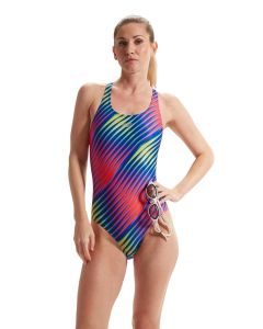 Front view of woman wearing Speedo Allover Digital Powerback Swimsuit - Blue / Red