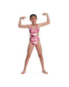 Speedo Girl's Punk Floral Lane Line Back Swimsuit - Pink/ White/ Black/ Lime - Size 11-12